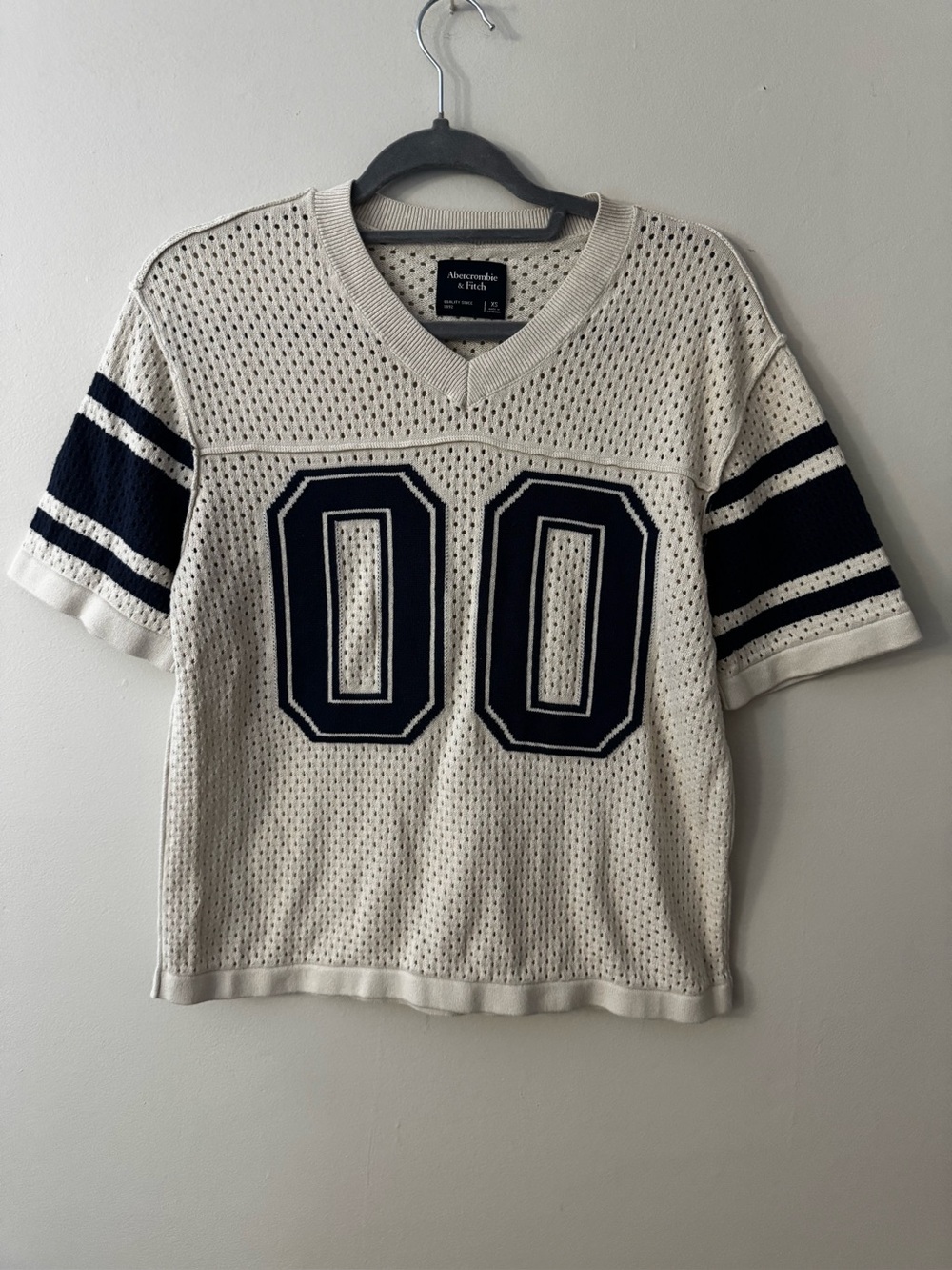 Abercrombie & Fitch Crochet Knit Football Jersey Sweater 00 Cream Navy XS